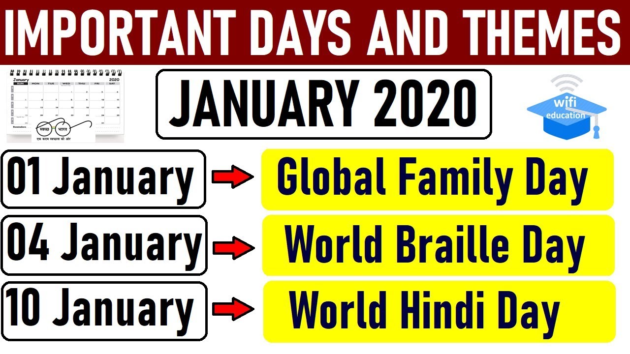 All Important Days and Themes January 2020 || Wifi Education