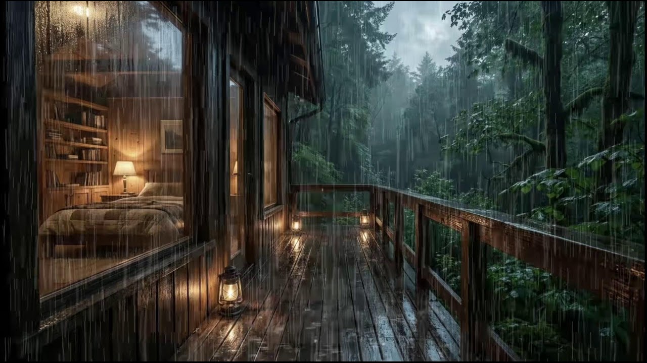 Quiet rain around a warm forest cabin, steady rain tones for deep sleep healing insomnia nights