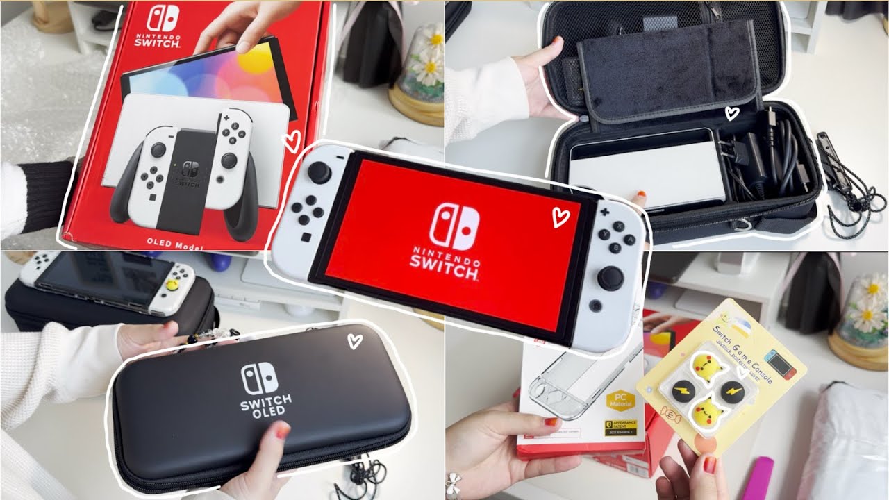 unboxing white nintendo switch oled model + cute accessories + bags | tips | shopee malaysia