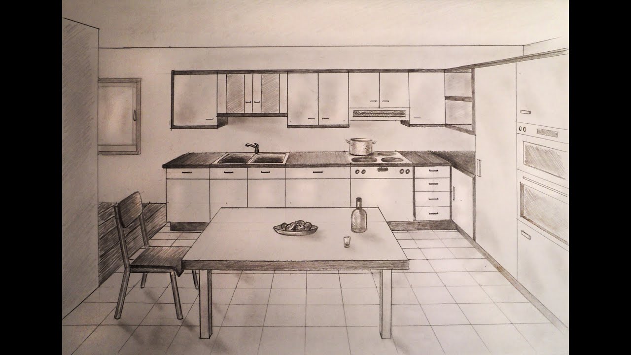 How to draw - one point perspective kitchen with furniture, desk