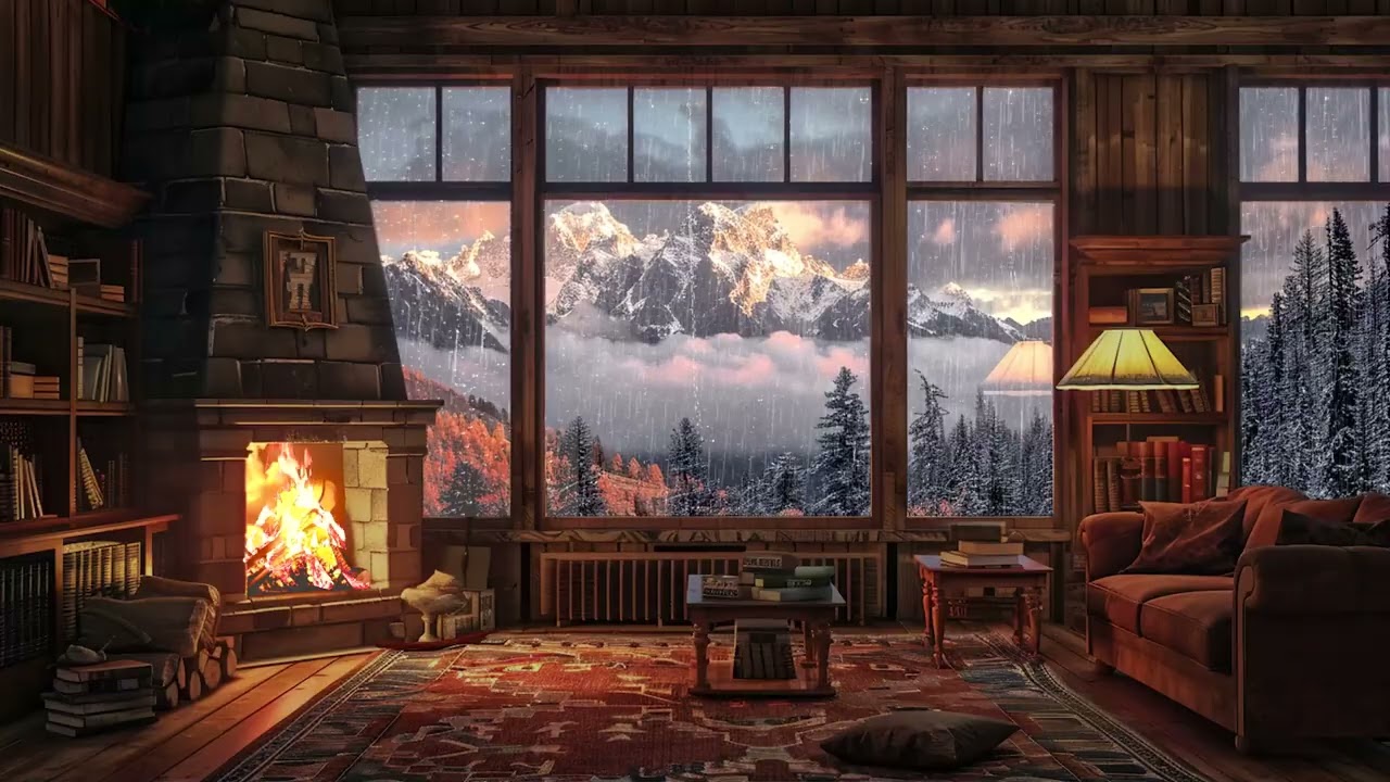 Warm Cabin with Rainy Mountain View | Fireplace Ambience Sounds