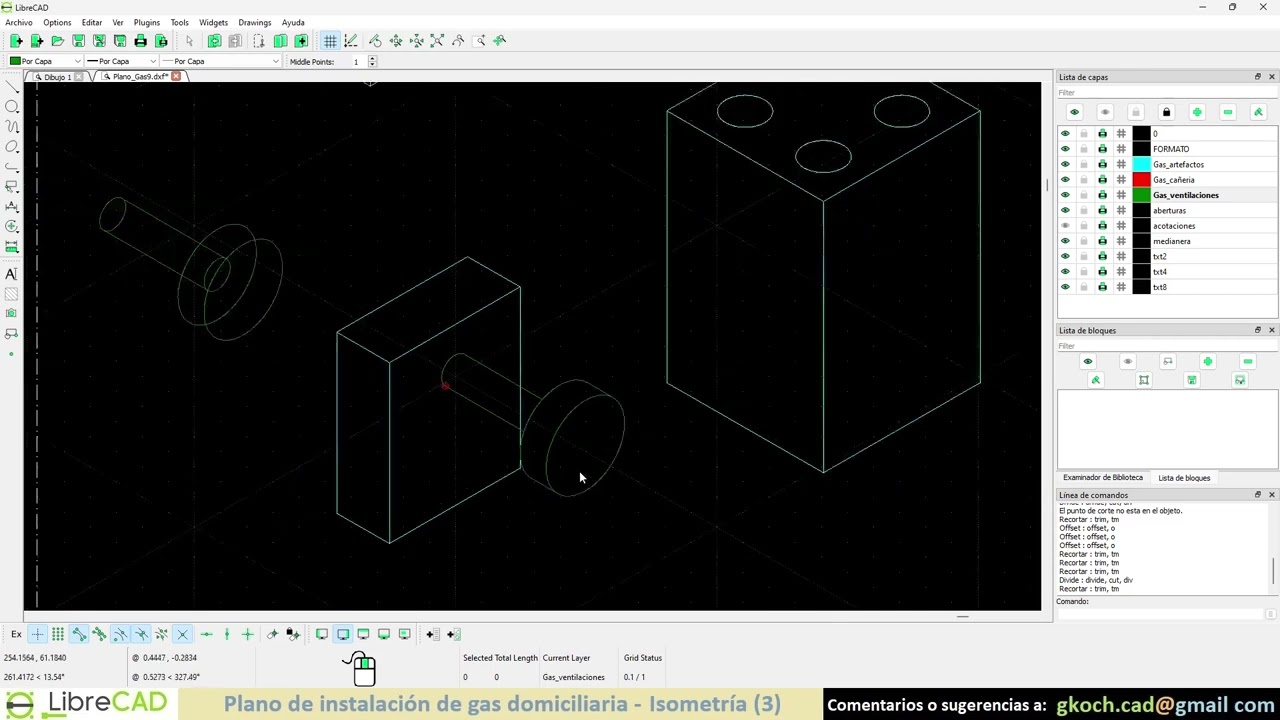 LibreCAD - Plano de instalación domiciliaria de gas, quinta parte: isometría (ventilaciones)