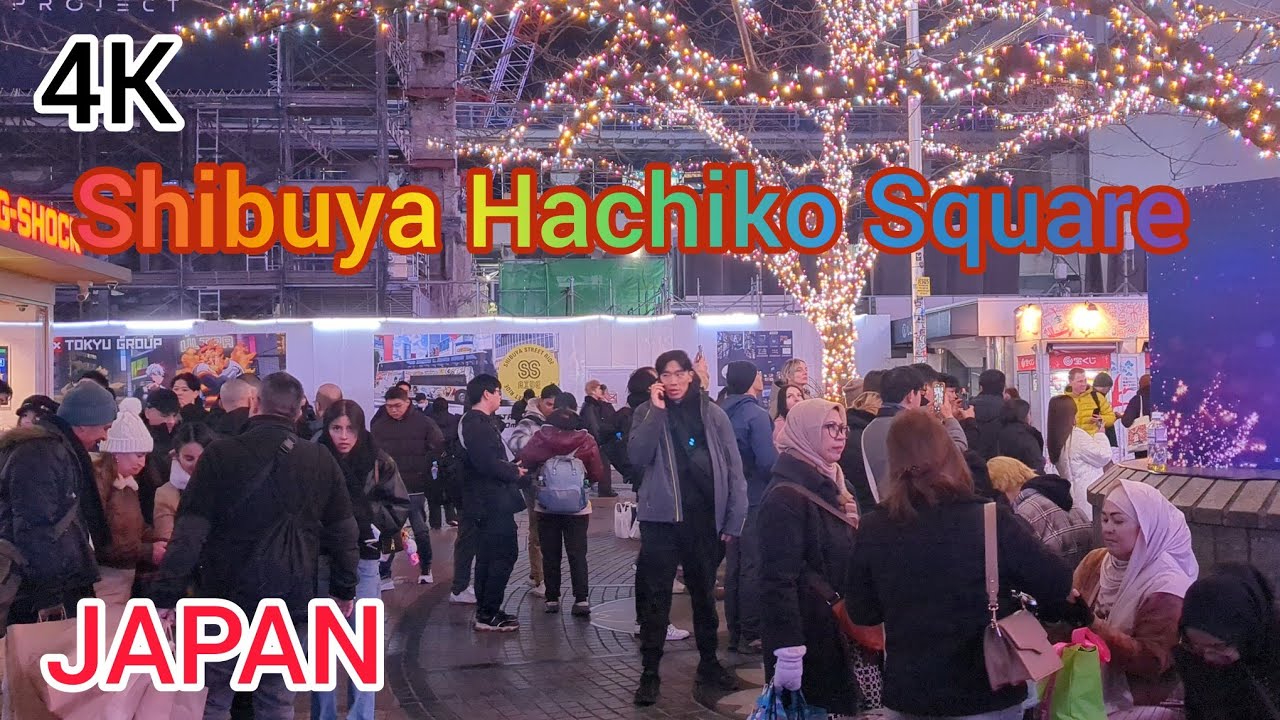 Shibuya Hachiko Square night walking tour & sightseeing. Tokyo, Japan. 