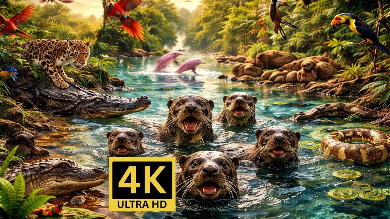 Relaxing Walk in the Amazon: First Light—Giant Otters & Caiman | 4K