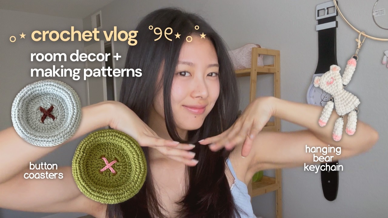 making crochet room decor for spring 🌸✧˖  | crochet vlog, button coasters, bear keychain