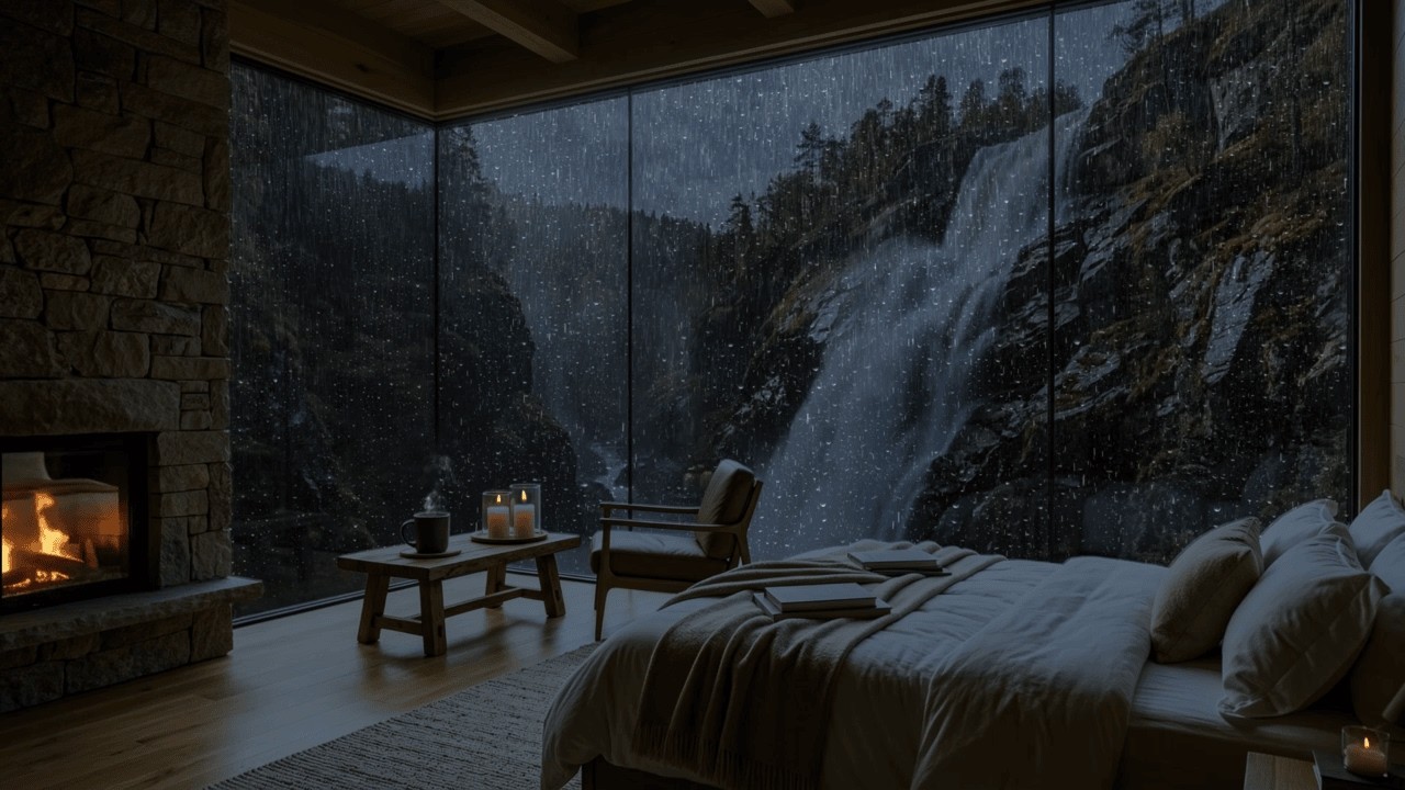 Rainy Waterfall View from a Cozy Cabin 🌧️🔥 Fireplace Sounds for Relaxing Sleep (8 Hours)
