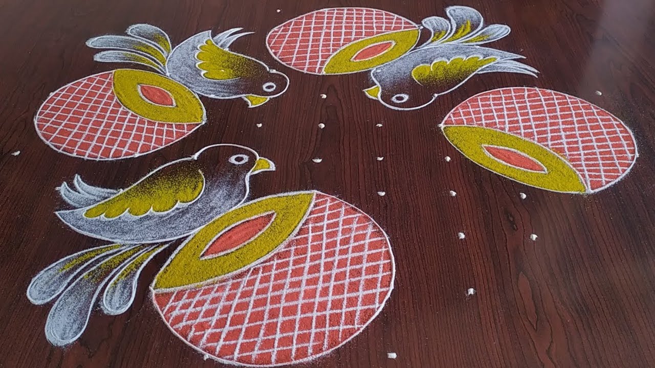 sankranthi chukkala muggulu (11×3×3) Dots... beautiful drums with birds kolam