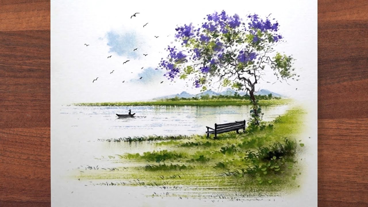 A beautiful landscape with tree and river - simple oil pastel scenery drawing