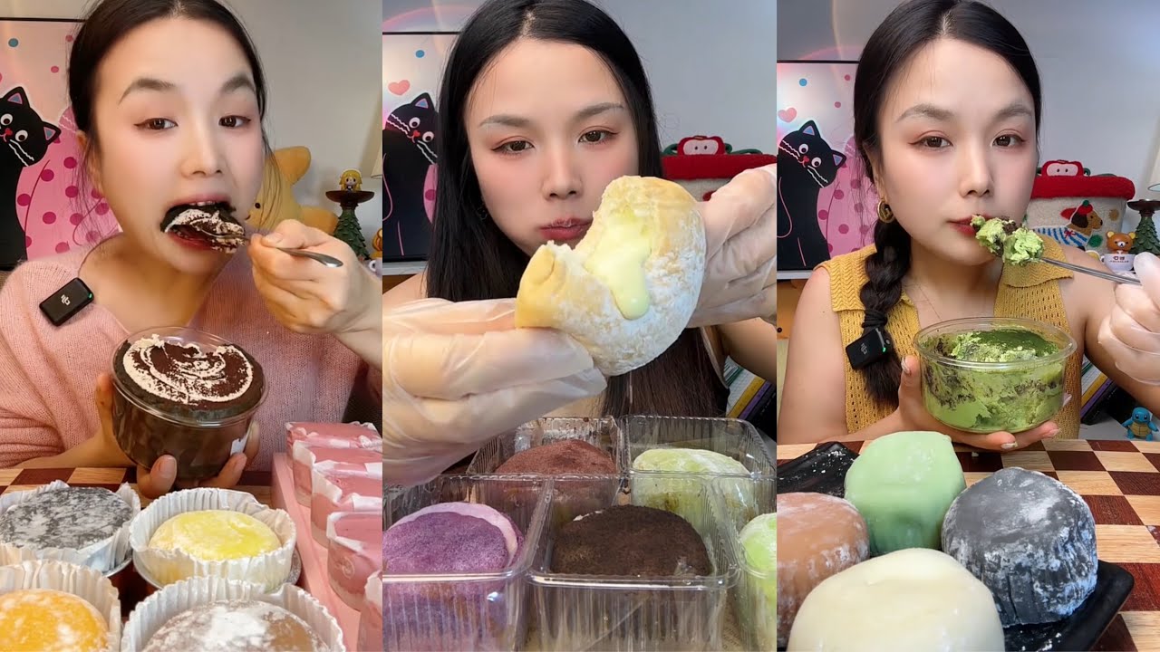 asmr mukbang - chocolate cake, matcha dipping bread, matcha cream cake eating sound
