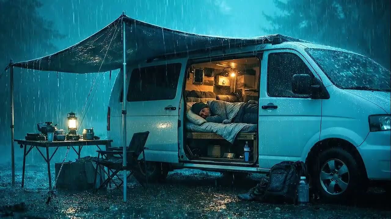 Heavy Rain Sounds for Deep Sleep | Cozy Van Camping in Rain | 3 Hours Relaxing Ambience