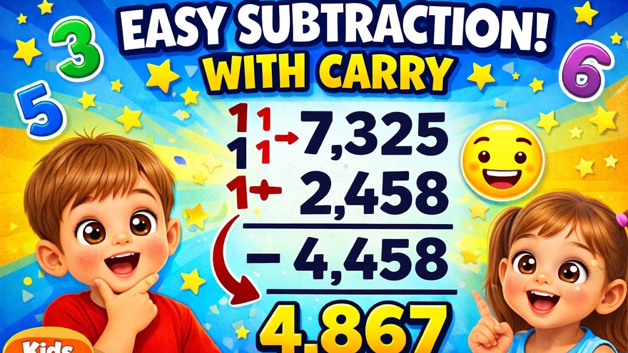 4-Digit Subtraction with Carry | Easy Method for Kids 🎉