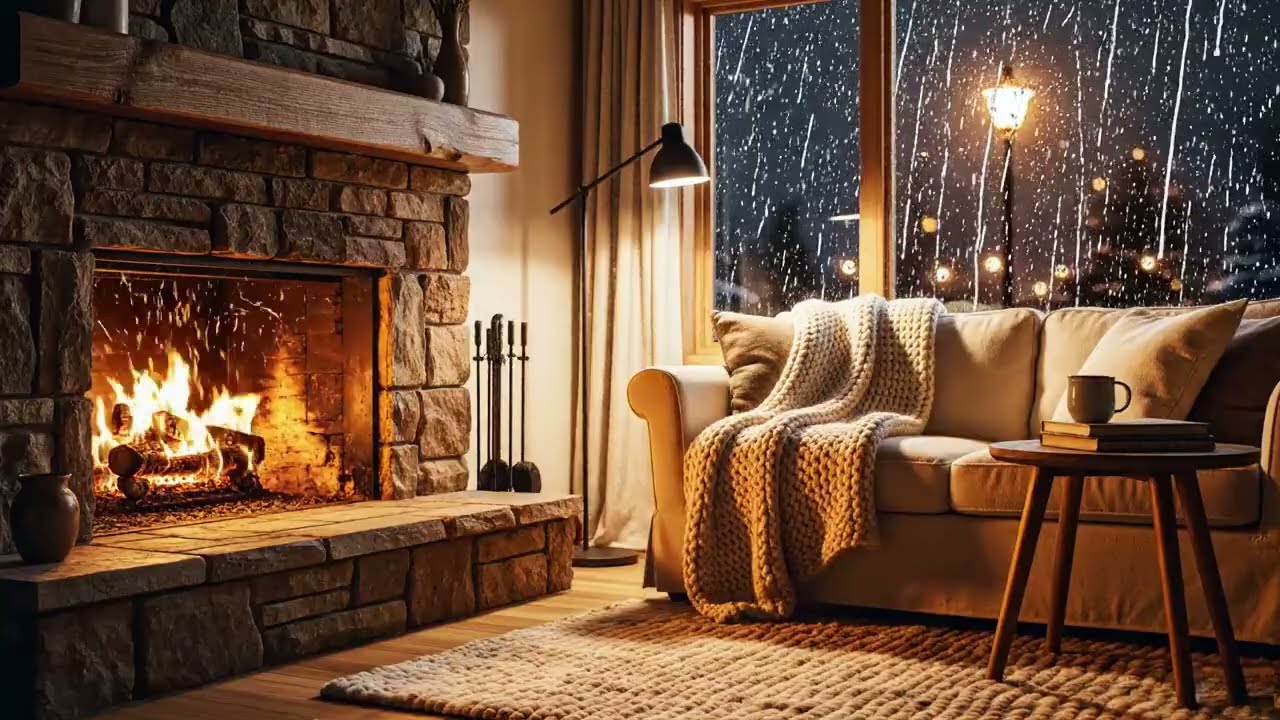 ☕ Cozy Rustic Living Room | Warm Stone Fireplace & Gentle Rain Sounds (10 Hours)