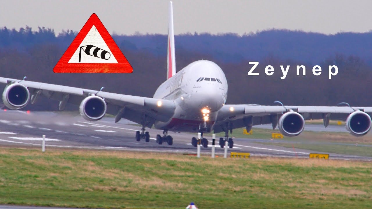 Sturm Zeynep - erste Starkwind-Böen am Düsseldorfer Flughafen mit A380 Landung und Start in 4K