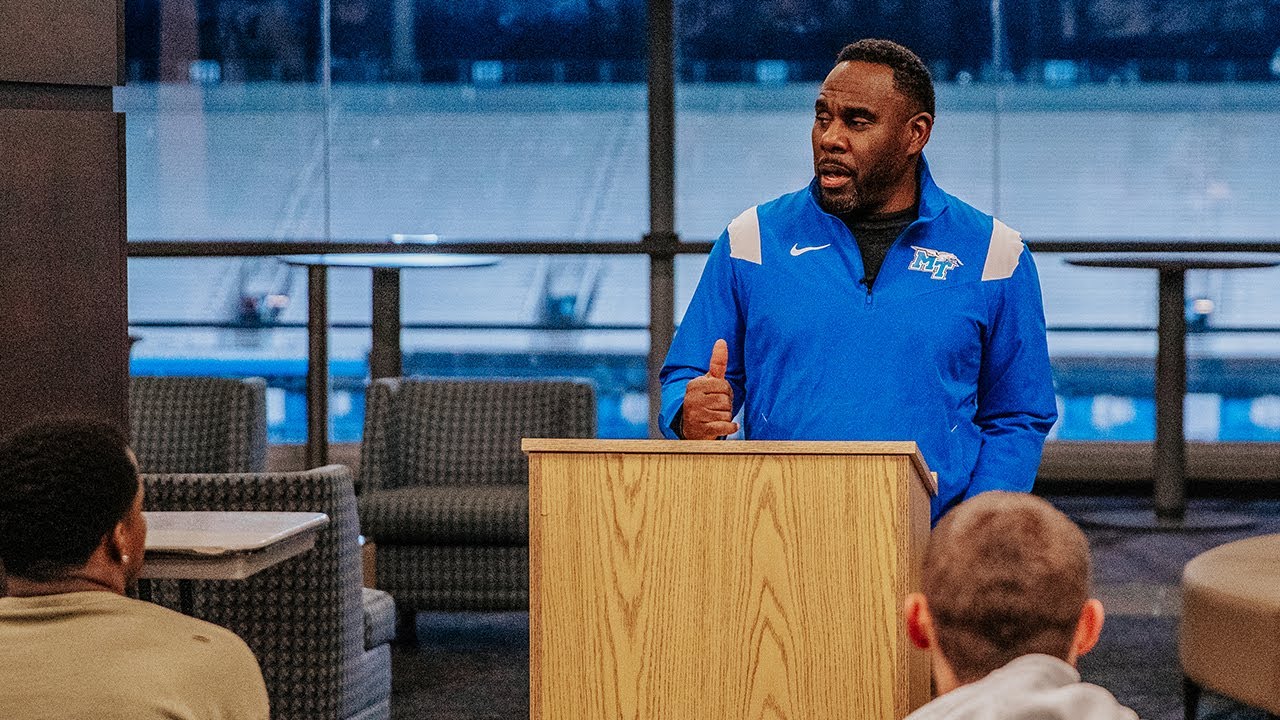 MTSU Football Coach Derek Mason first team meeting