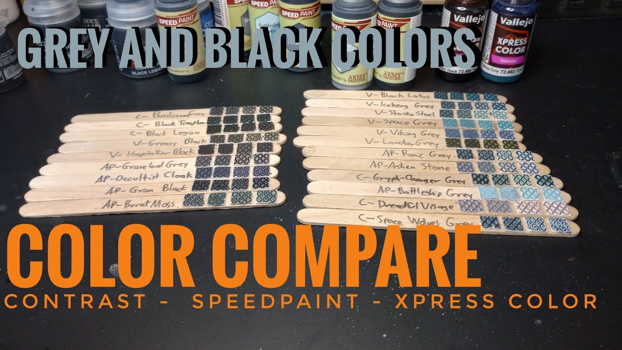 Color Compare: Greys & Blacks from Citadel Contrast, The Army Painter SpeedPaint, and Vallejo Xpress