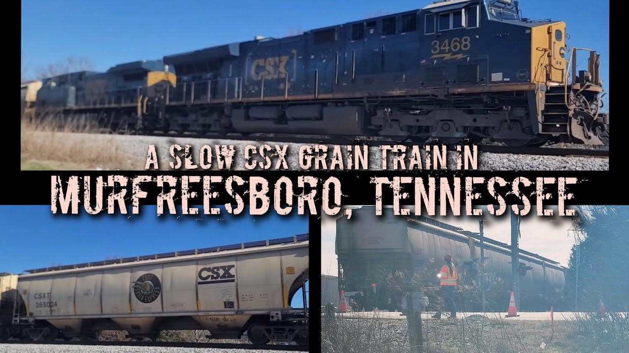 CSX 3468 slowly leads CSX 7038 & covered grain hoppers south through Murfreesboro, Tn  