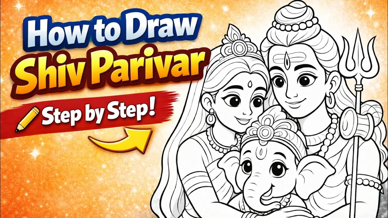 Shiv Parivar Drawing Easy Step by Step | Shiv Parvati Ganesh Cute Drawing Tutorial