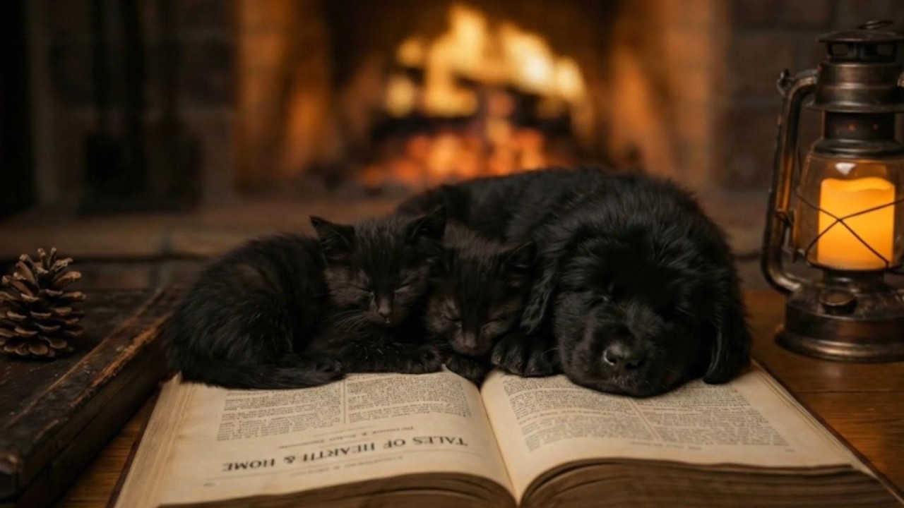 Cozy Cabin Night Ambience 🔥 2 Black Kittens & Puppy Sleeping Peacefully.
