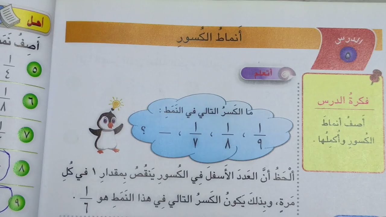 حل ص١٥٨و١٥٩ (انماط الكسور) رياضيات الصف الثاني الابتدائي