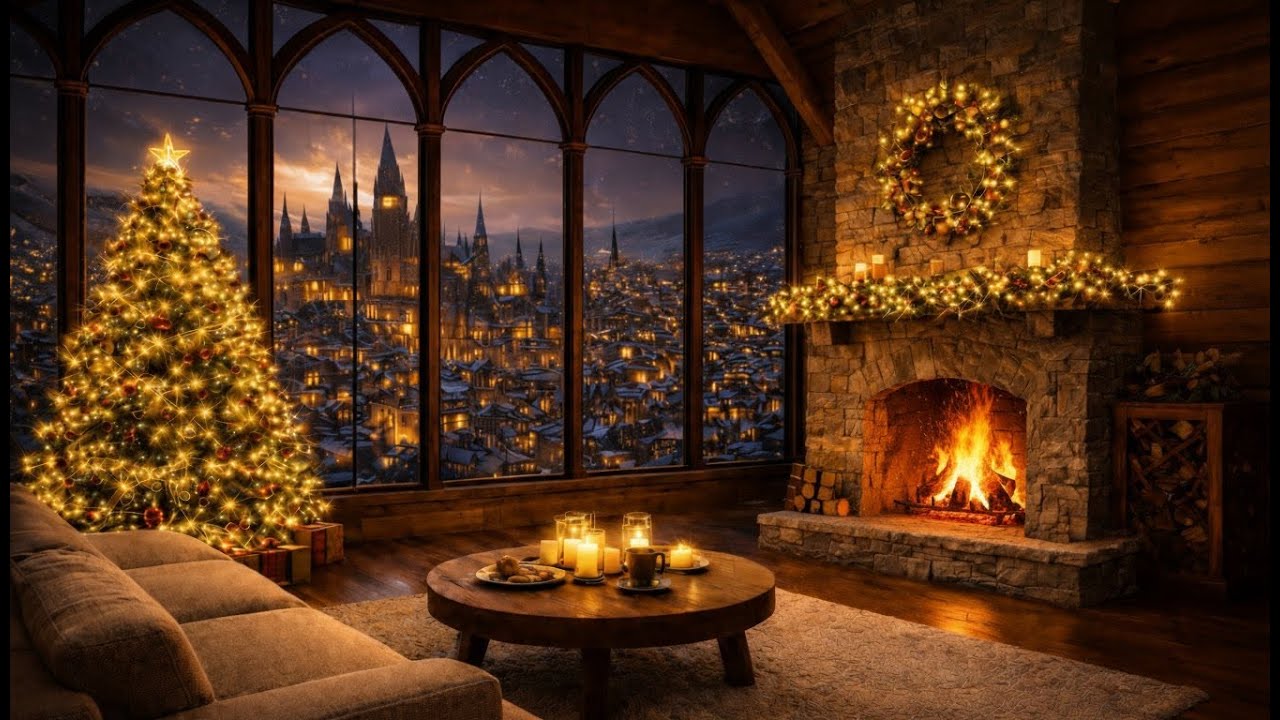 Cozy Winter Night | Crackling Fireplace & Calm Piano Music | Relax, Study, Sleep
