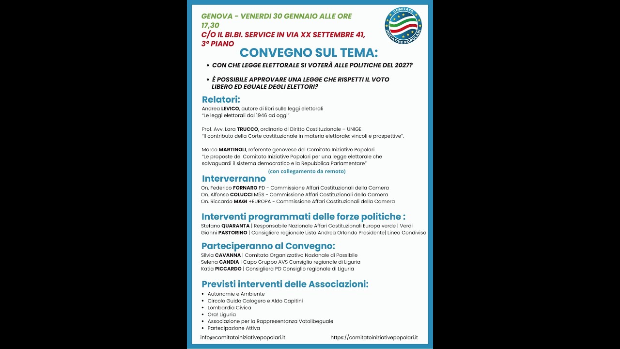 30 gennaio CONVEGNO A GENOVA DEL COMITATO INIZIATIVE POPOLARI