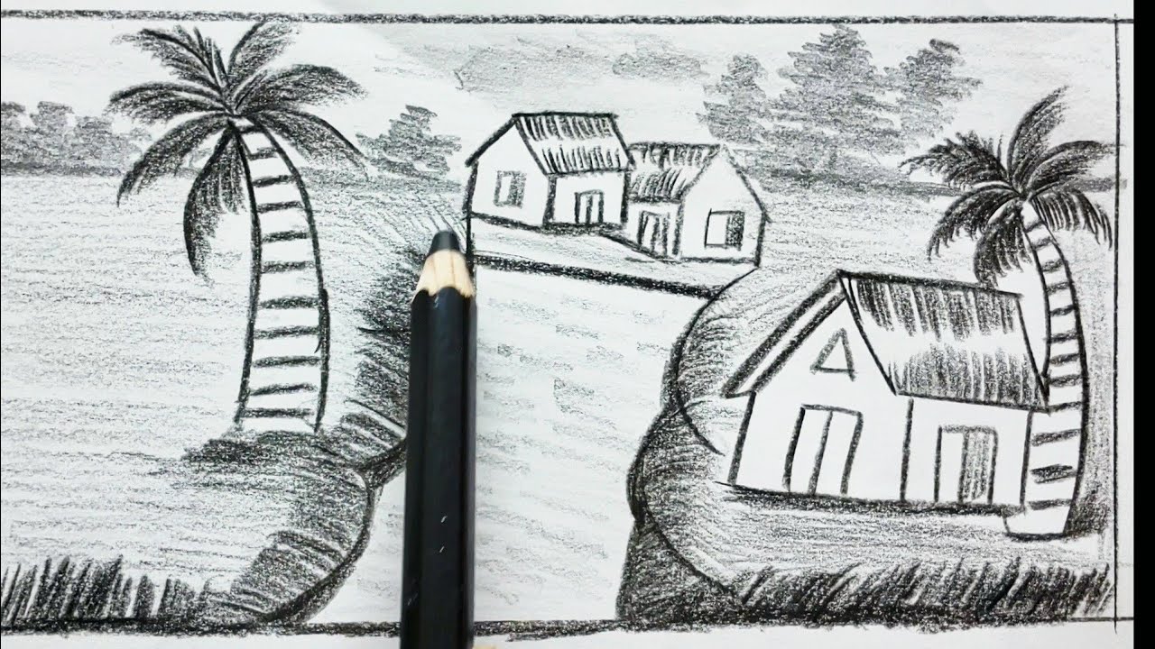 how to draw village with scenery drawing using just a pencil  drawing গ্রামের দৃশ্য আঁট