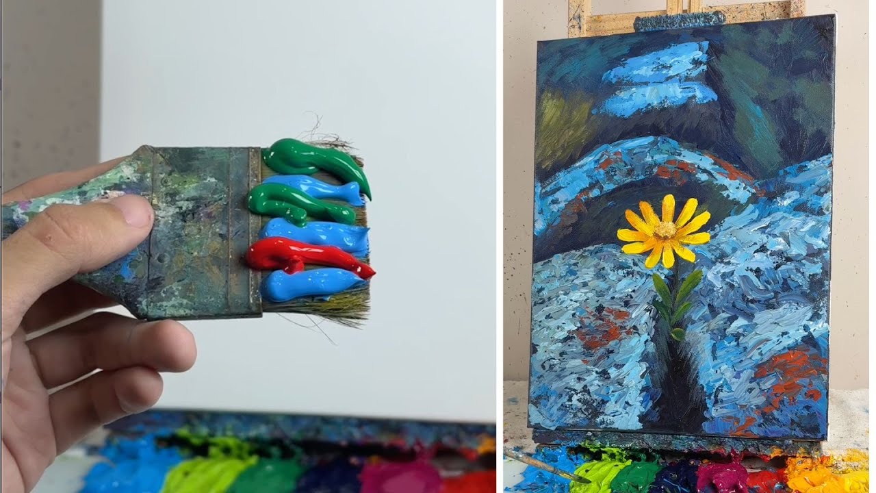 How to Paint a Yellow Flower on Blue Abstract Background | Easy Acrylic Painting Tutorial