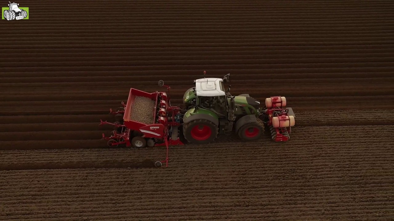 Fendt 718 met G&uuml;ttler prismawals en Grimme GL420