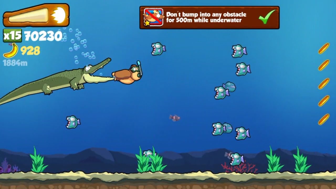 Banana Kong Don't bump into any obstacle for 500m while underwater (In One Run)