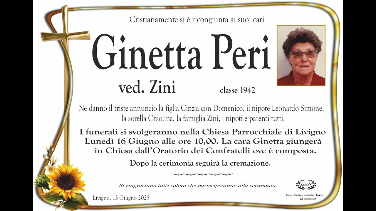 Esequie di Ginetta Peri - Lunedì 16 giugno ore 10:00 - In diretta dalla parrocchia di Livigno