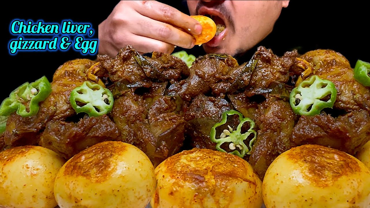 Spicy Chicken liver, chicken gizzard curry Eating with rice and boiled egg #asmr #mukbang #food 