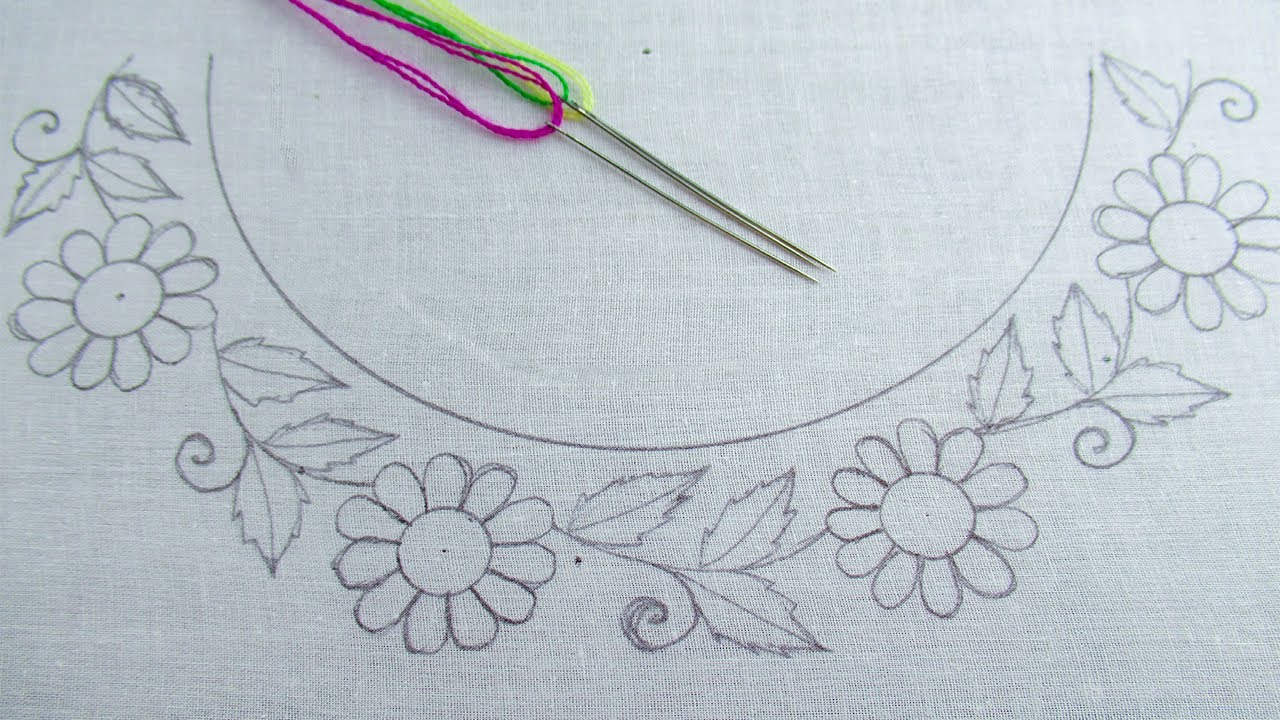 Easy and Simple Neckline Embroidery for Kurti, Hand Embroidery Blouse Neck Design Flower Pattern