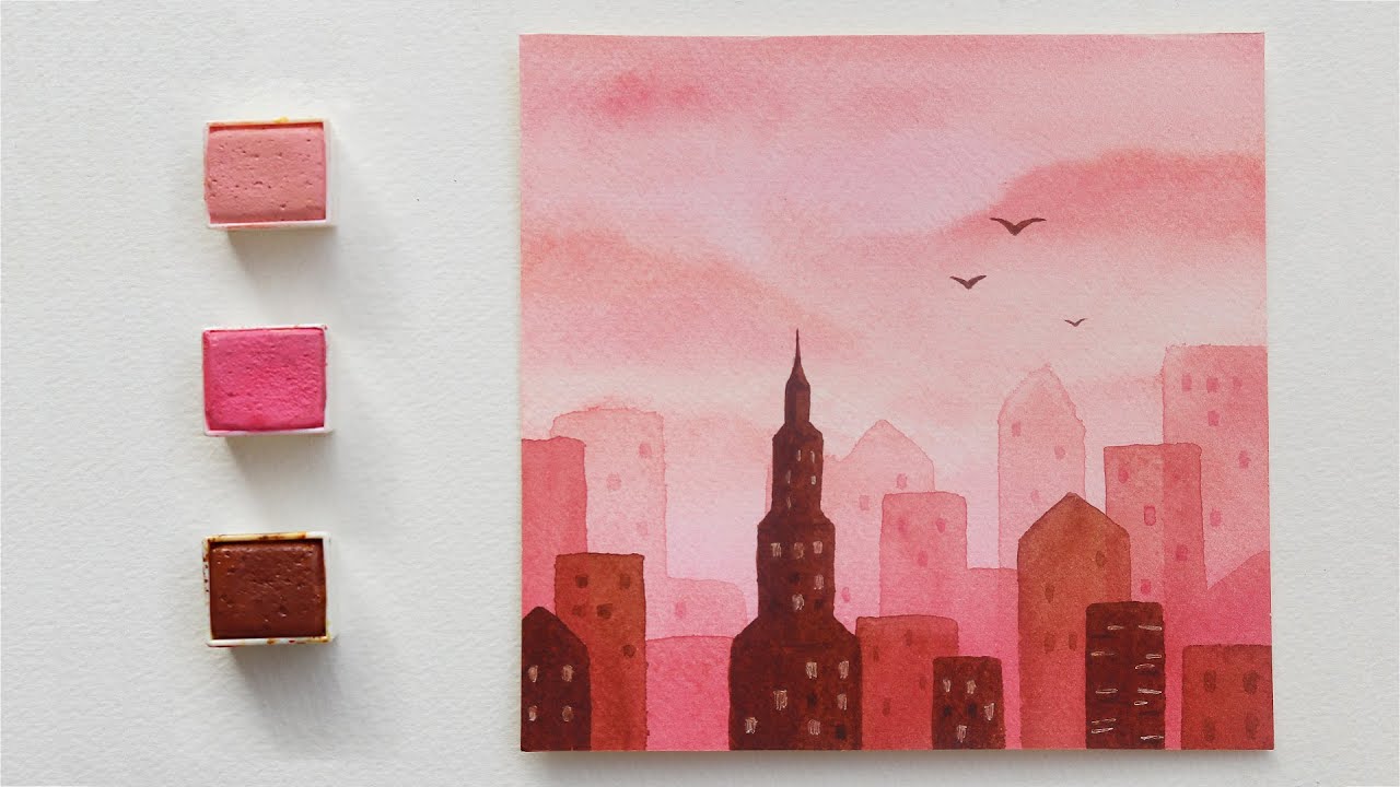 تعلم الرسم : كيف ترسم منظر بـ 3 الوان فقط | رسم مباني وطيور وسحب بالالوان المائية