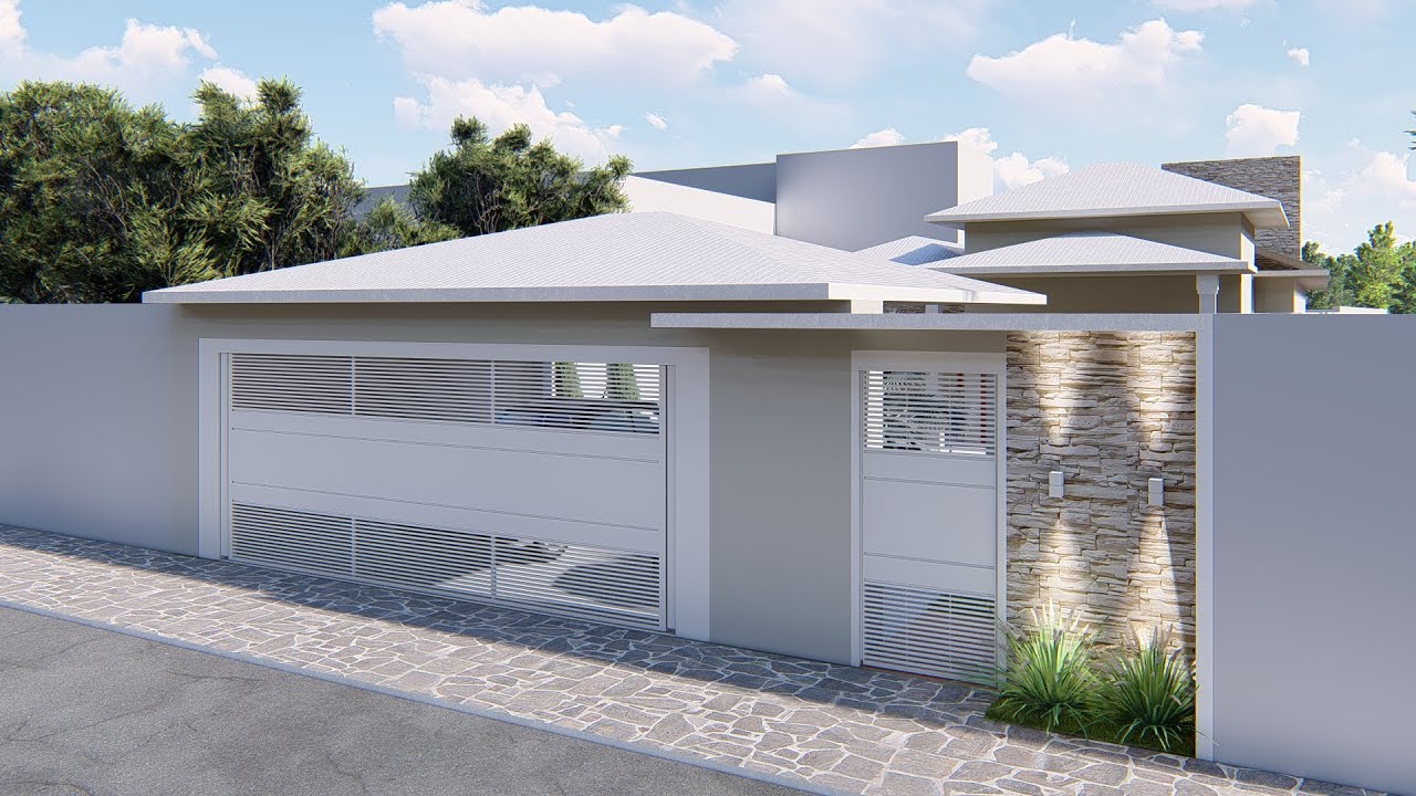 Projeto de casa com telhado colonial - Fachada 3D