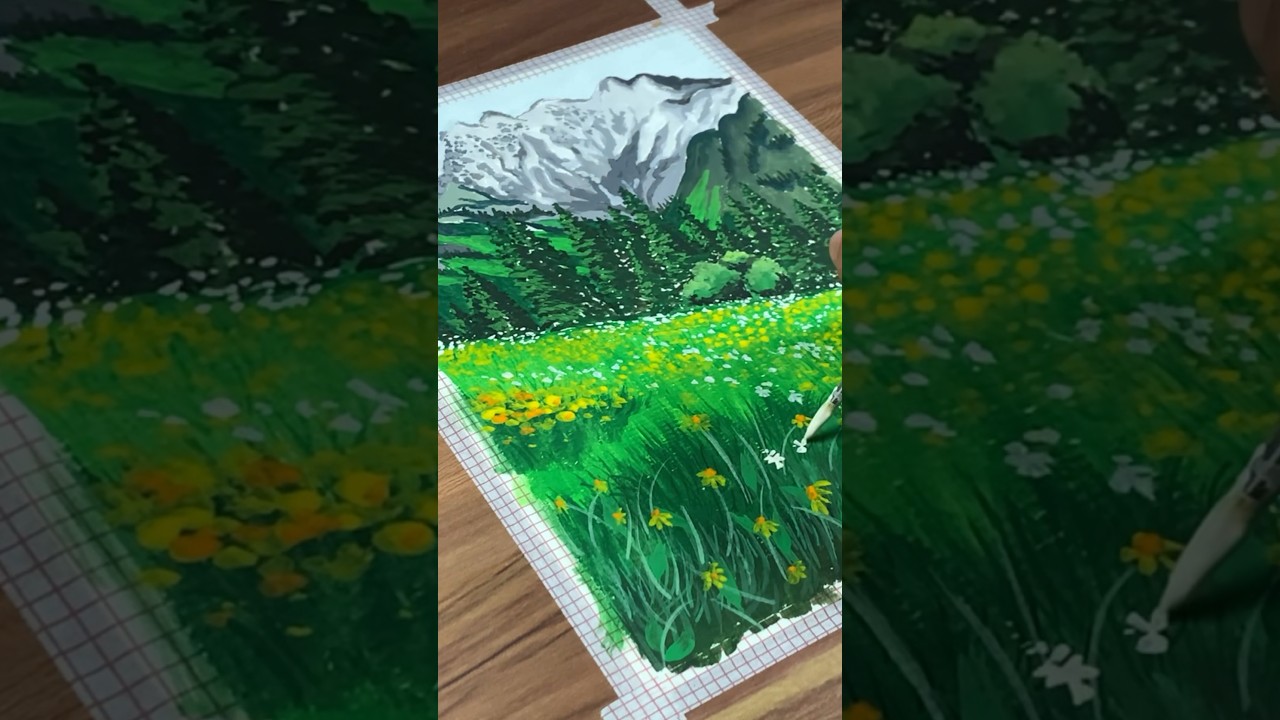 Gouache Painting Mountain View ⛰️🌲 #landscape #gouachepainting #mountains #meadows #flowers