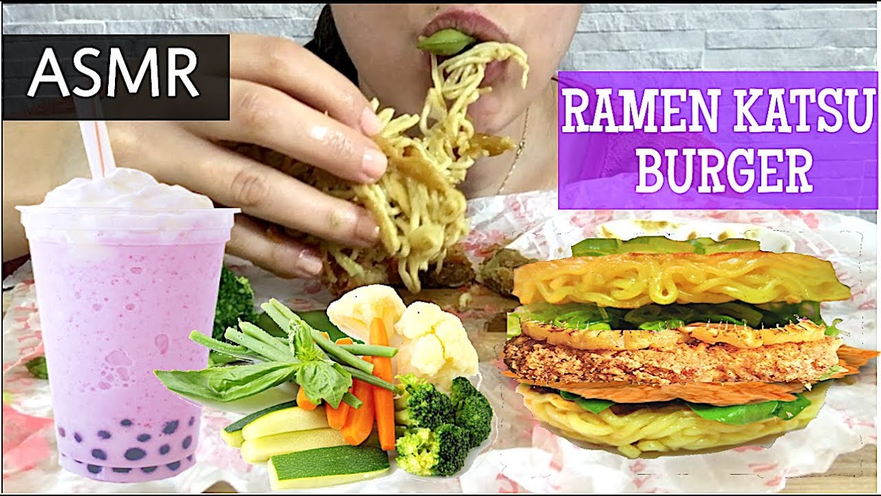 ASMR CHICKEN KATSU RAMEN BURGER  | Eating Show | MUKBANG 먹방 | Sticky Eating Sounds | ASMR Eats