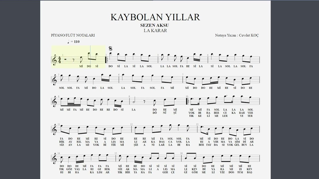 KAYBOLAN YILLAR   SEZEN AKSU NOTA SOLFEJ PİYANO FLÜT KEMAN