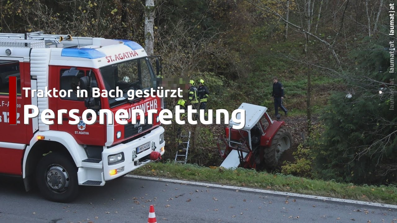 Traktor bei St. Agatha in Bachbett des Freyentalerbachs gestürzt - Traktorlenker lag verletzt am Weg