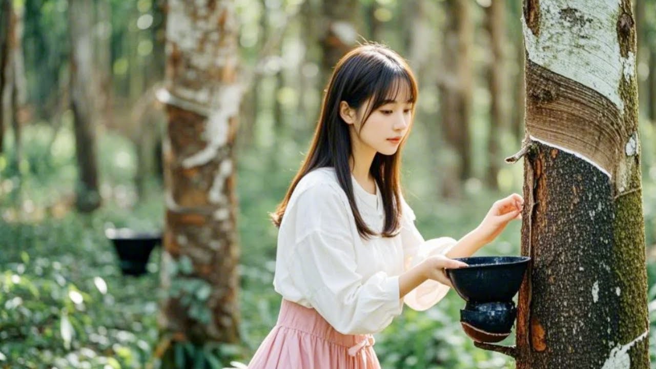 Magical natural rubber farm-beautiful women collect rubber for processing