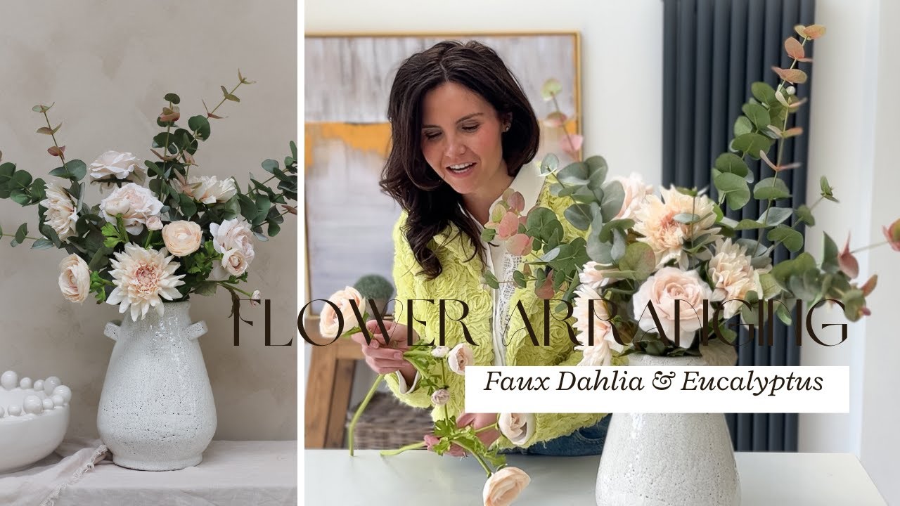 FLOWER ARRANGING TUTORIAL | BLUSH DAHLIA & EUCALYPTUS ARRANGEMENT | IVY GREY INTERIORS