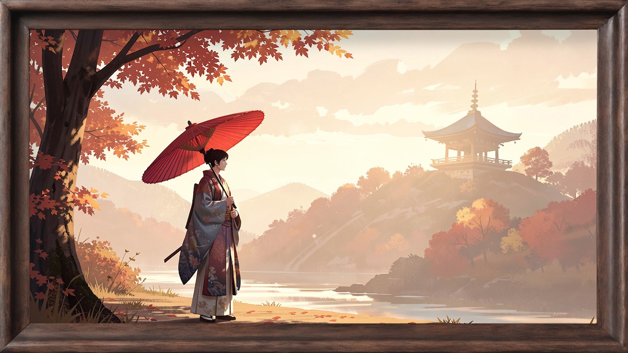 4K Vintage Art Wallpaper for TV - Woman in traditional oriental clothes walks in the dense forest