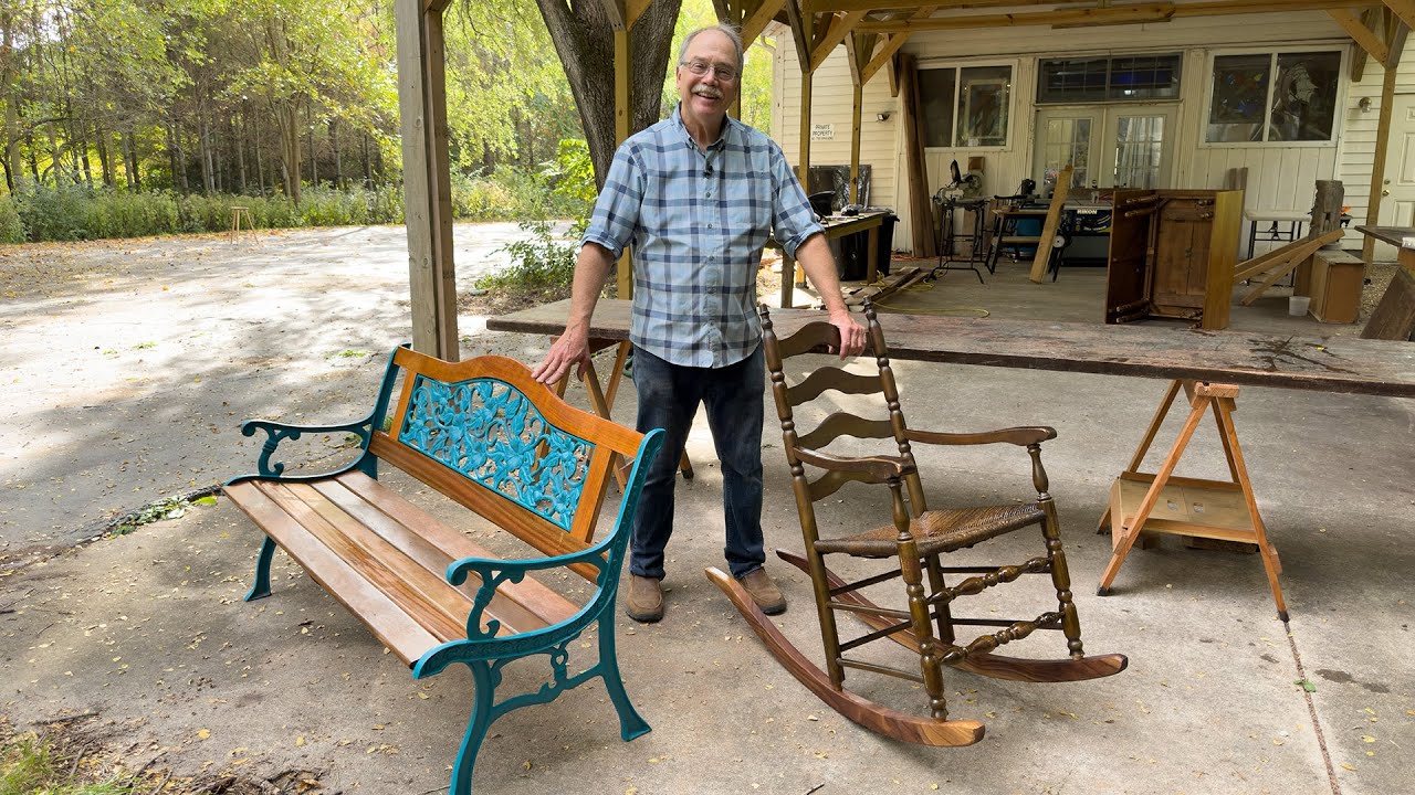The American Woodshop 3105- Ladder-Back Rocker & Upycled Iron-Backed Mahogany Garden Bench