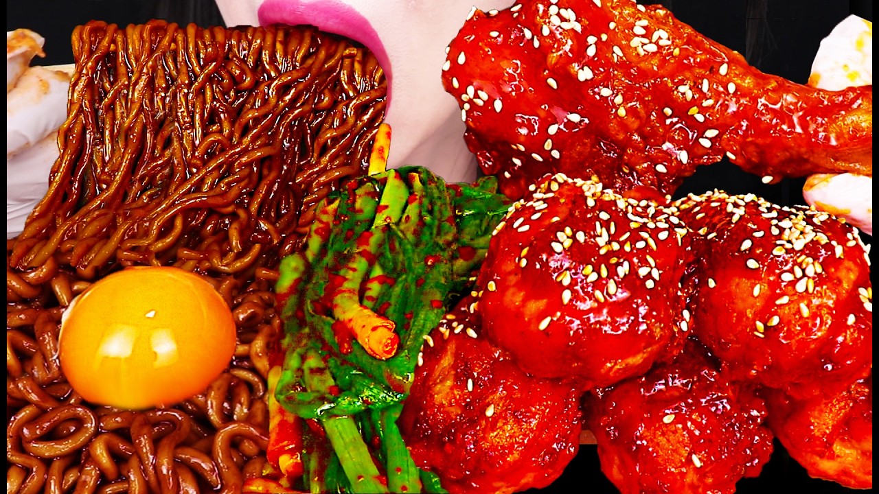 ASMR KIMCHI FRIED CHICKEN, BLACK BEAN NOODLES Cheogajip Seasoned Chicken Chapagetti MUKBANG, EATING