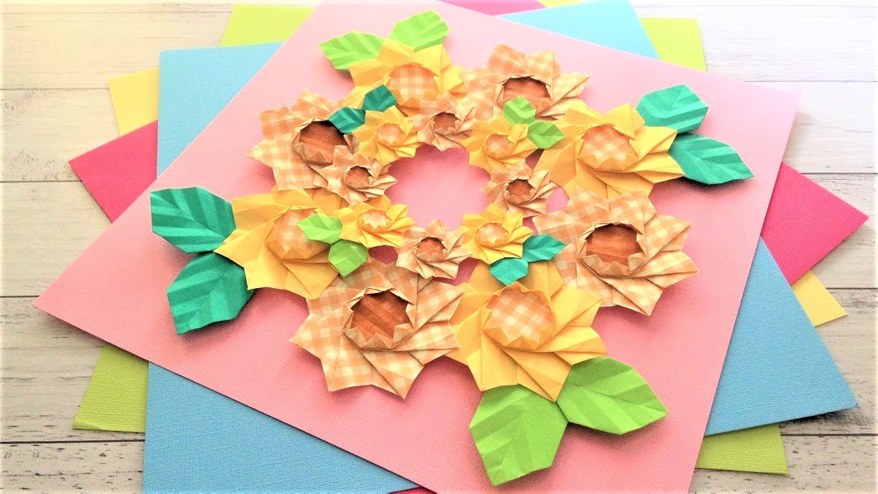折り紙 ひまわりの花のリース2 折り方  Origami sunflower wreath tutorial（niceno1）