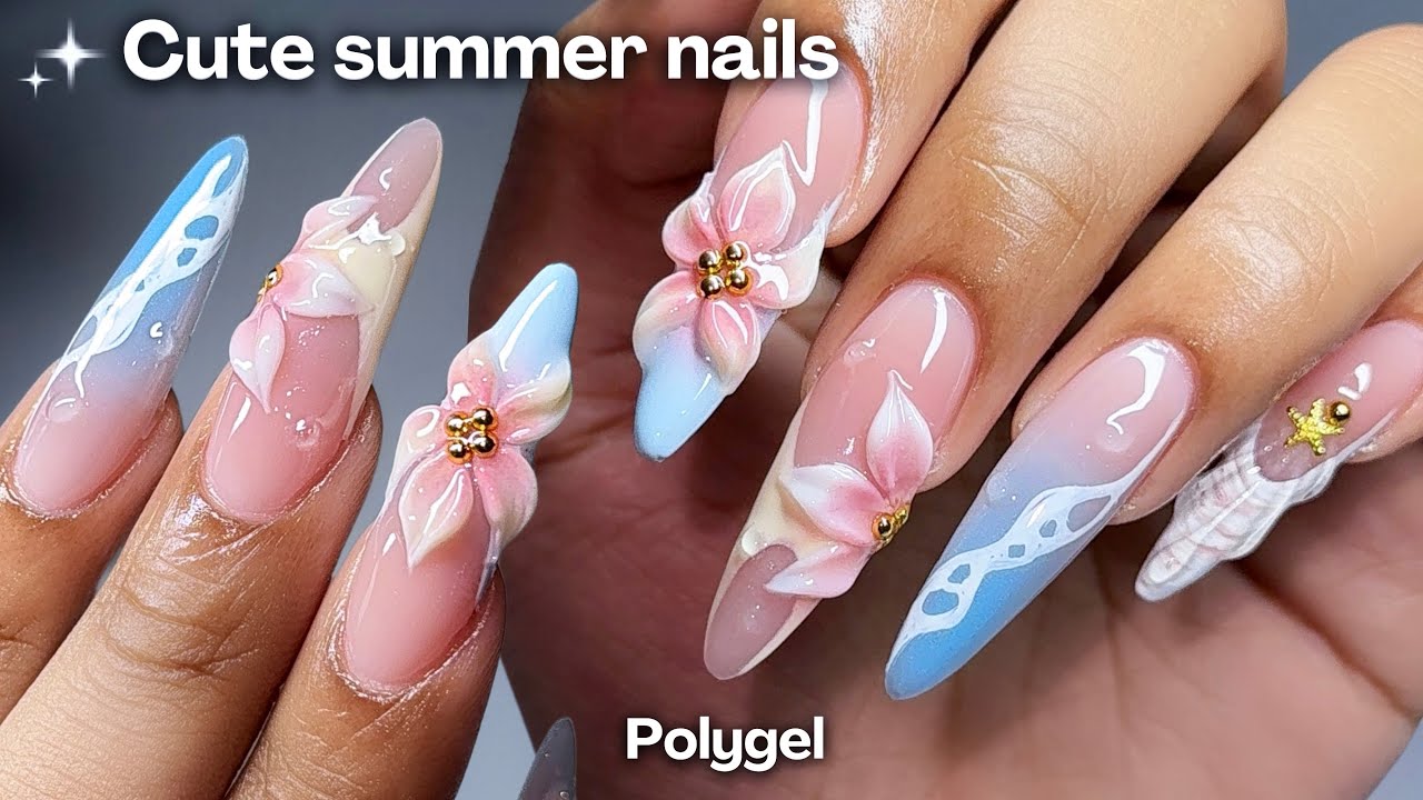 Cute Summer polygel Nails 🩵☀️🌸 almond nails + 3d flowers ♡ polygel nail tutorial ✨