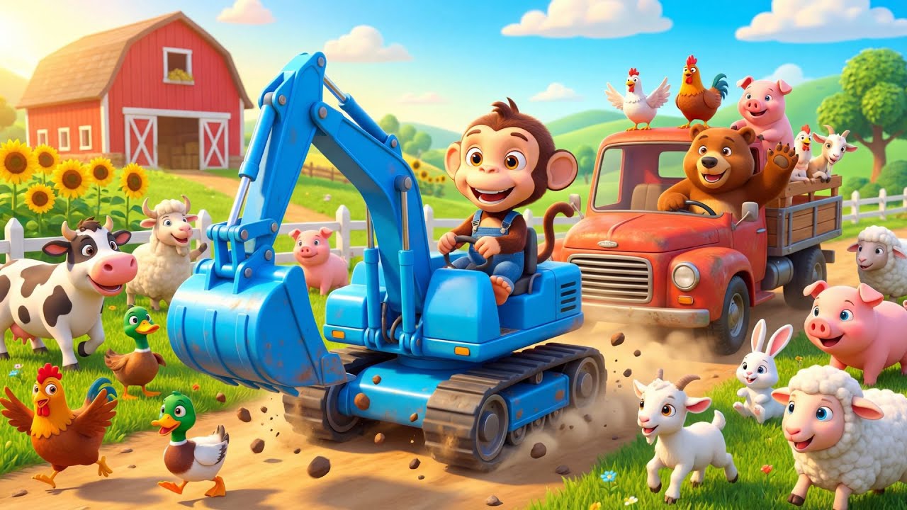 🐒🚜 Cute Baby Monkey & Friends Fix the Farm Road with Thomas the Train | Funny Animal Cartoon