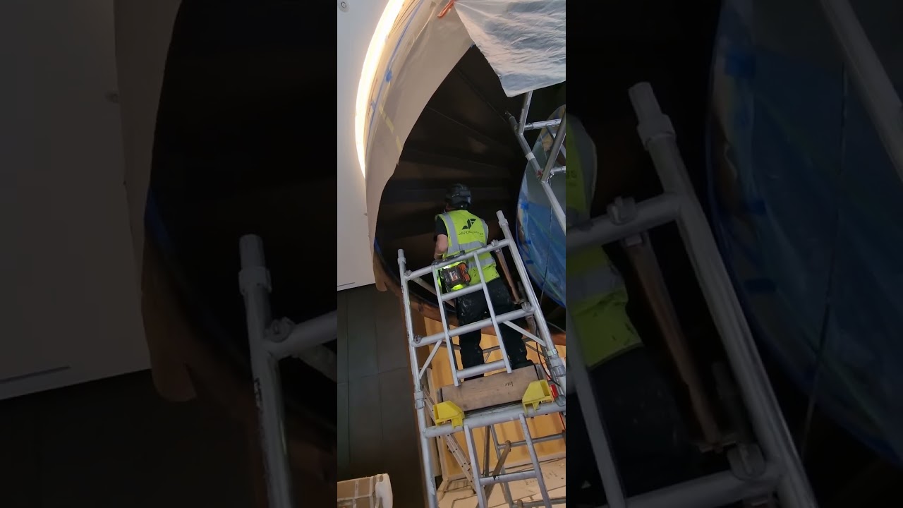 The setup for spraying the helical staircase.  