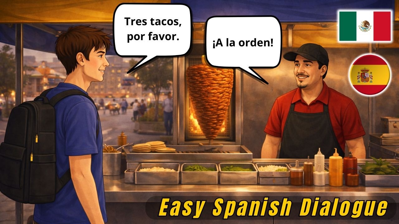 🌮Ordering Tacos in Mexico City. Real Beginner Spanish Travel Dialogue (A1–A2 Street Food Spanish)