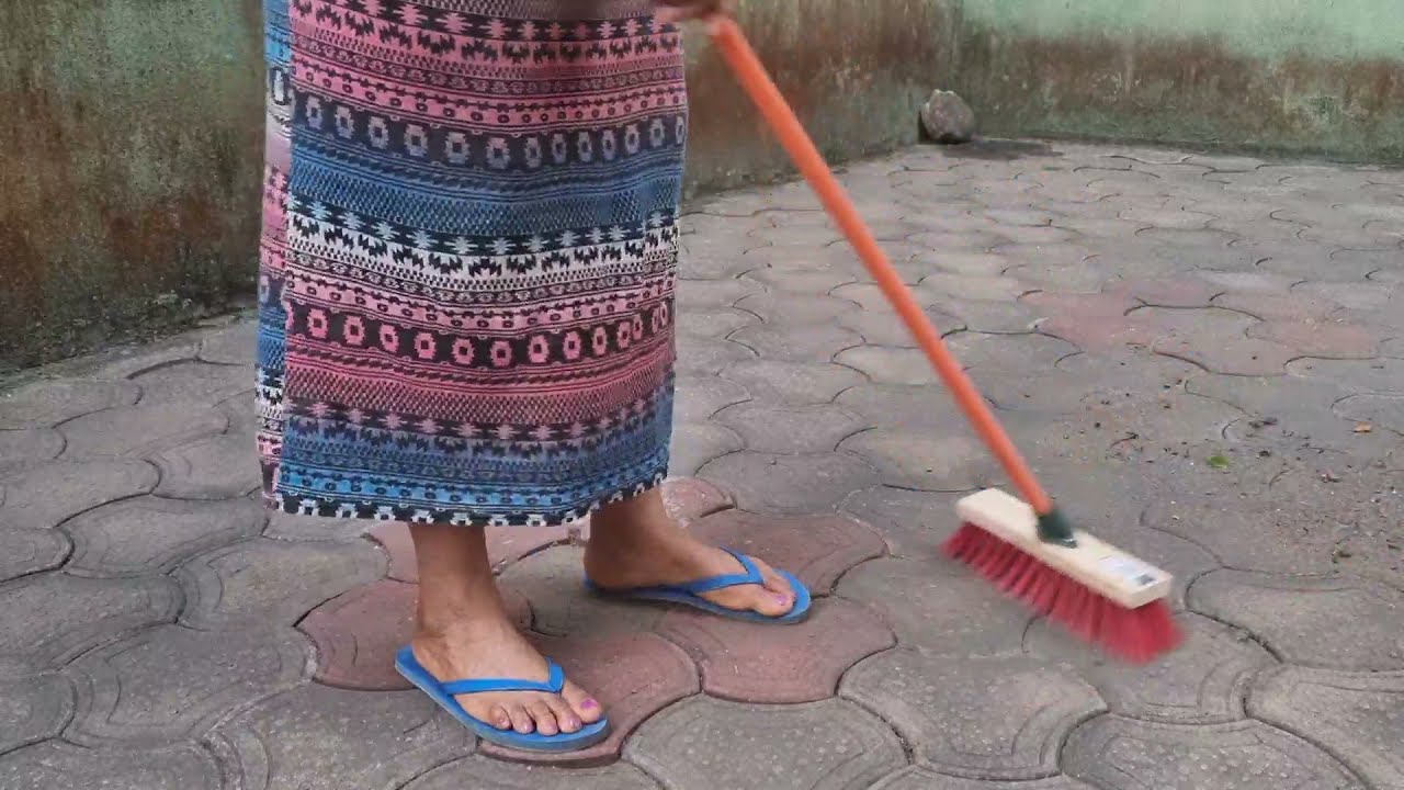 ASMR Sweeping Concrete Paved Floor With Hard Brush - No Talking
