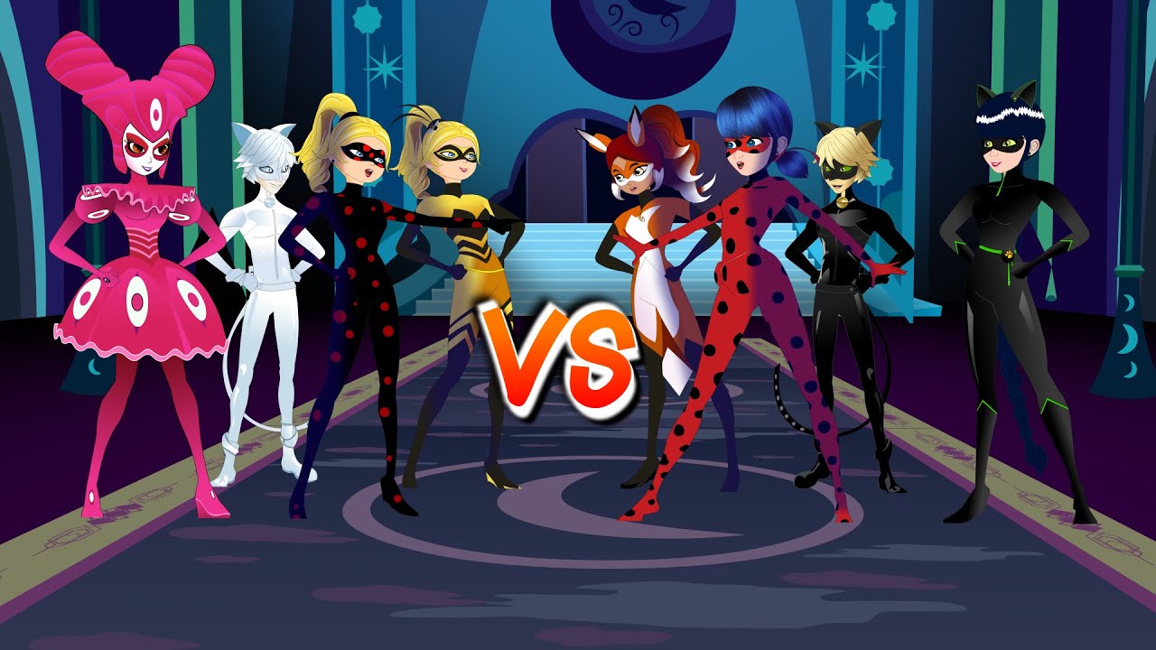 Ladynoir, Cat Noir, Ladybug y Rena Rouge vs Reflekdoll, Cat Blanc, Antibug y Queen Bee